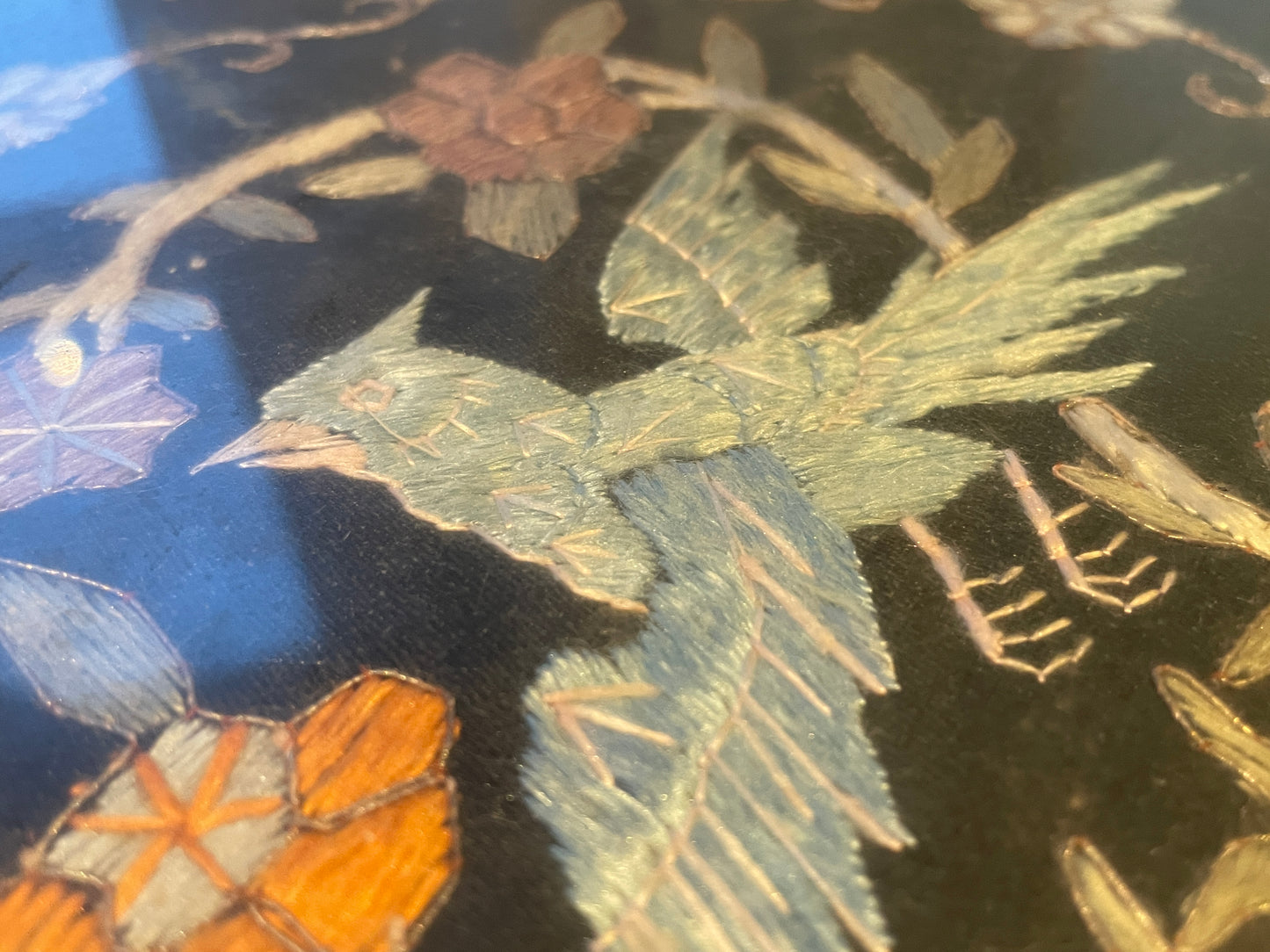 Antique Asian Lacquer Serving Tray – Embroidered Silk Bird & Floral Panels Under Glass (c.20th Century)