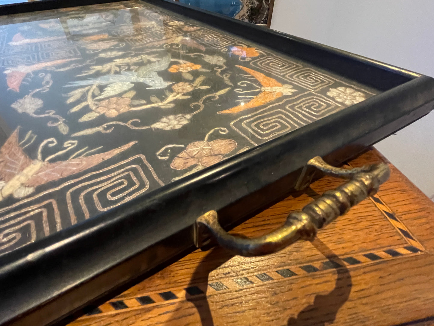 Antique Asian Lacquer Serving Tray – Embroidered Silk Bird & Floral Panels Under Glass (c.20th Century)
