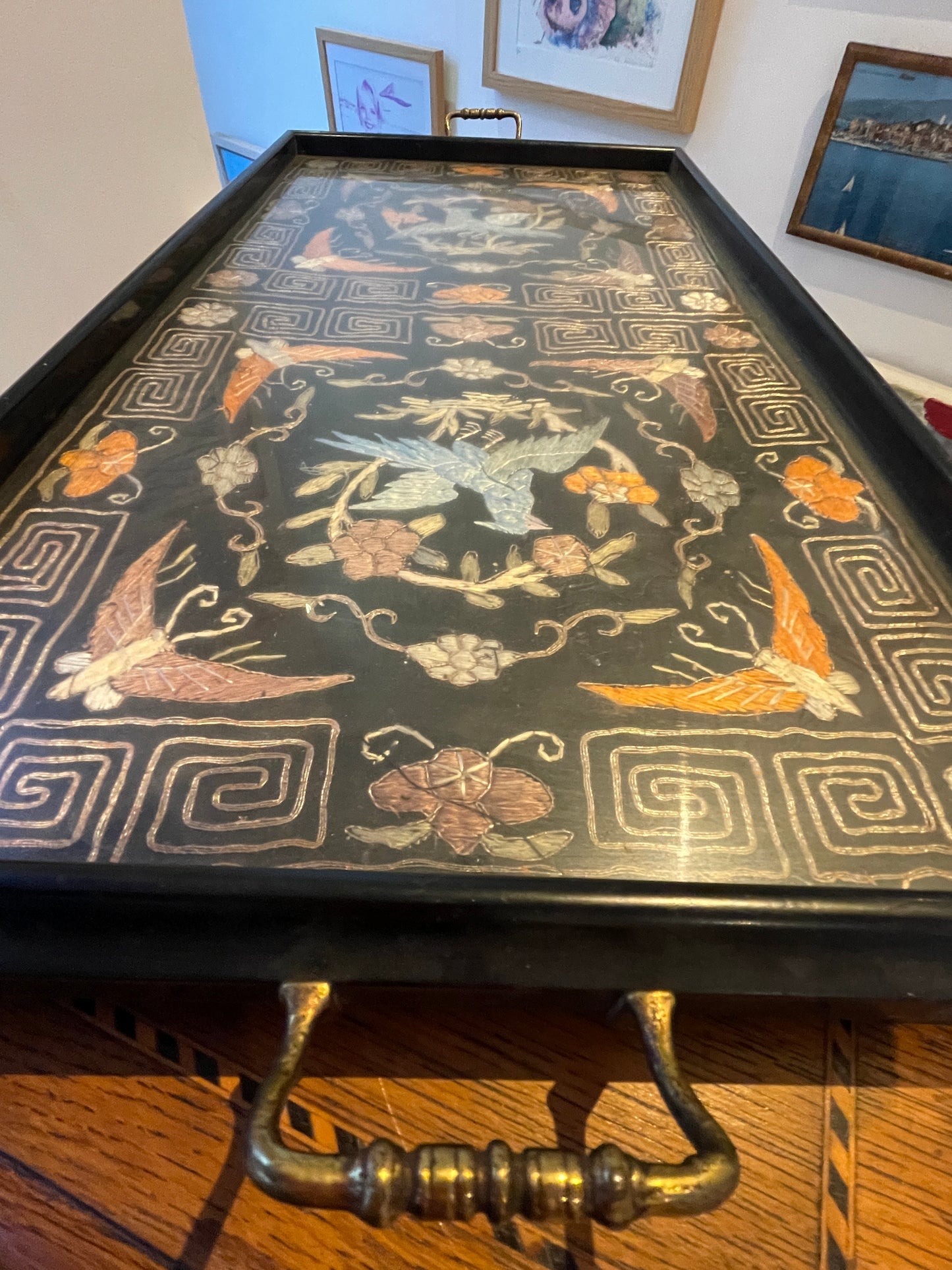 Antique Asian Lacquer Serving Tray – Embroidered Silk Bird & Floral Panels Under Glass (c.20th Century)