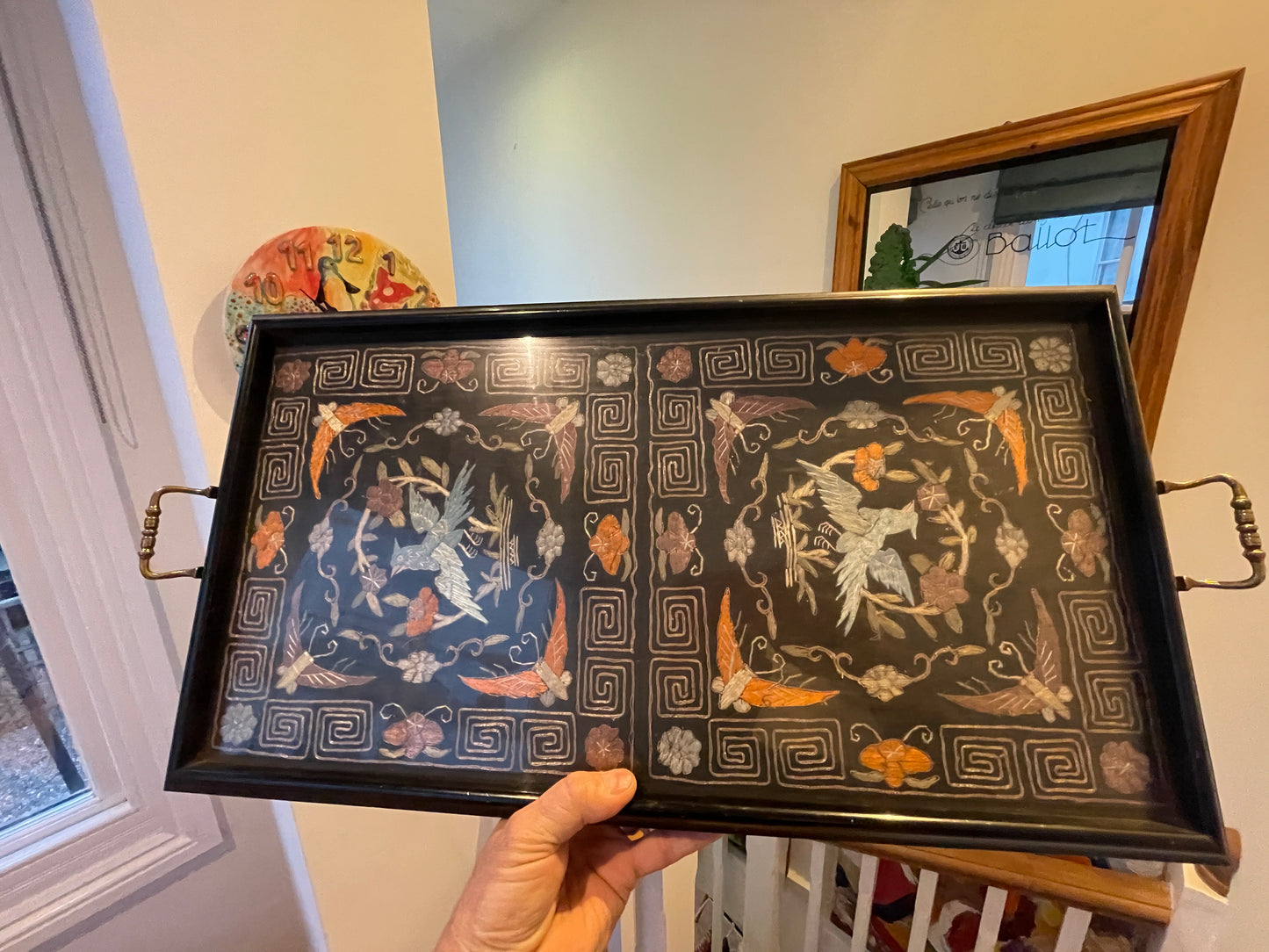 Antique Asian Lacquer Serving Tray – Embroidered Silk Bird & Floral Panels Under Glass (c.20th Century)