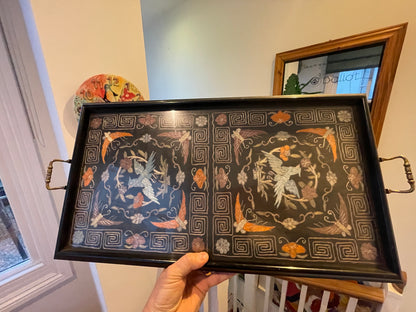 Antique Asian Lacquer Serving Tray – Embroidered Silk Bird & Floral Panels Under Glass (c.20th Century)