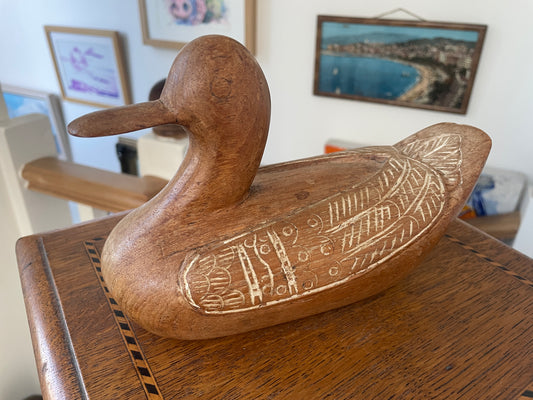 Antique Hand-Carved Wooden Duck Box – Folk Art Figurative Trinket Container (c.1960s)
