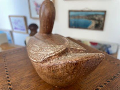 Antique Hand-Carved Wooden Duck Box – Folk Art Figurative Trinket Container (c.1960s)