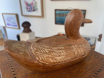 Antique Hand-Carved Wooden Duck Box – Folk Art Figurative Trinket Container (c.1960s)