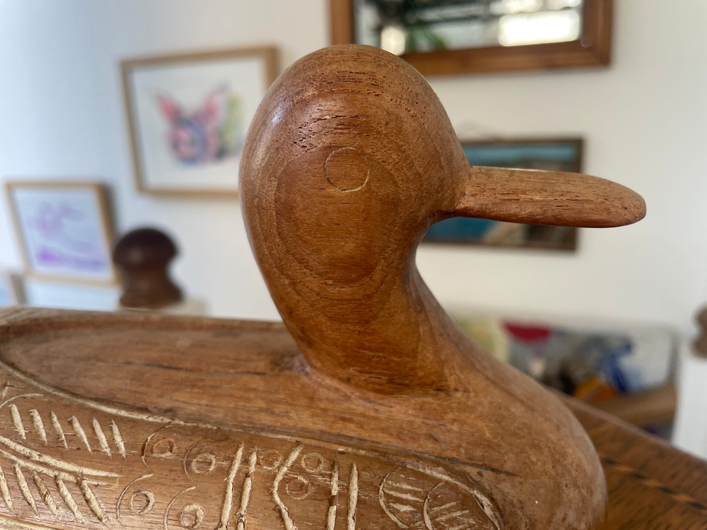 Antique Hand-Carved Wooden Duck Box – Folk Art Figurative Trinket Container (c.1960s)