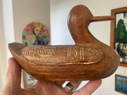 Antique Hand-Carved Wooden Duck Box – Folk Art Figurative Trinket Container (c.1960s)