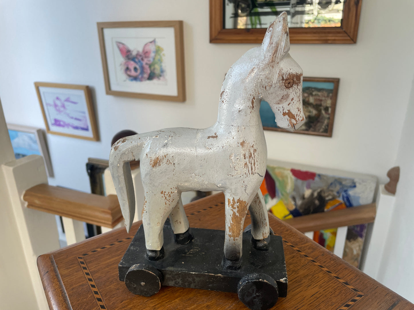 Antique Folk Art Wooden Pull Toy Horse – Hand-Carved Painted Figure on Wheels