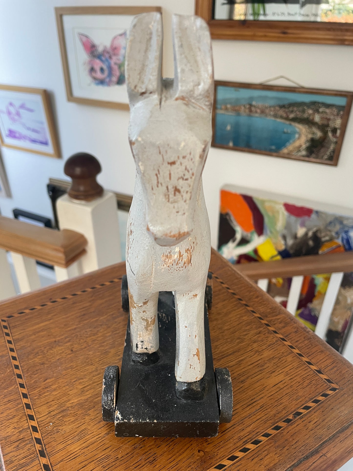 Antique Folk Art Wooden Pull Toy Horse – Hand-Carved Painted Figure on Wheels