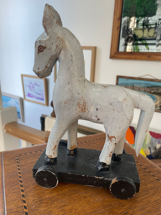 Antique Folk Art Wooden Pull Toy Horse – Hand-Carved Painted Figure on Wheels