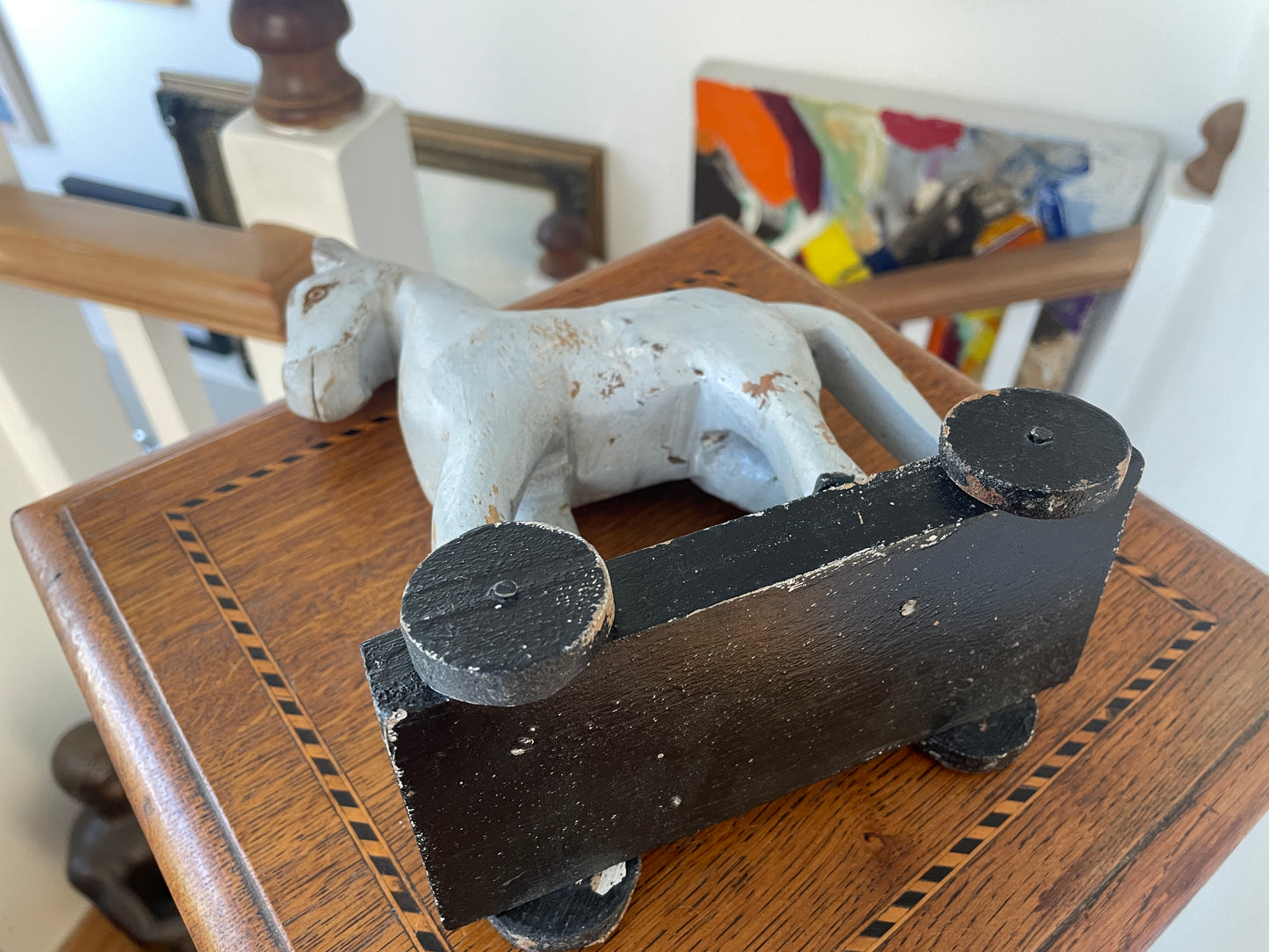 Antique Folk Art Wooden Pull Toy Horse – Hand-Carved Painted Figure on Wheels