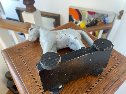 Antique Folk Art Wooden Pull Toy Horse – Hand-Carved Painted Figure on Wheels