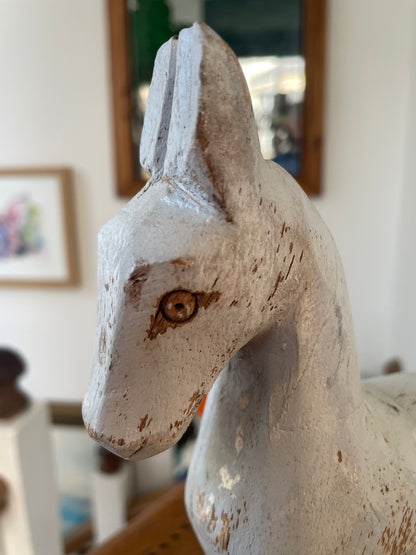 Antique Folk Art Wooden Pull Toy Horse – Hand-Carved Painted Figure on Wheels