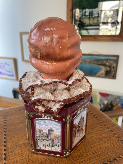 Vintage German “Feine Nürnberger” Tin with Doll Bust Lid & Hidden Miniature Doll –Folk Art Novelty Curio (c.1950s–1970s)