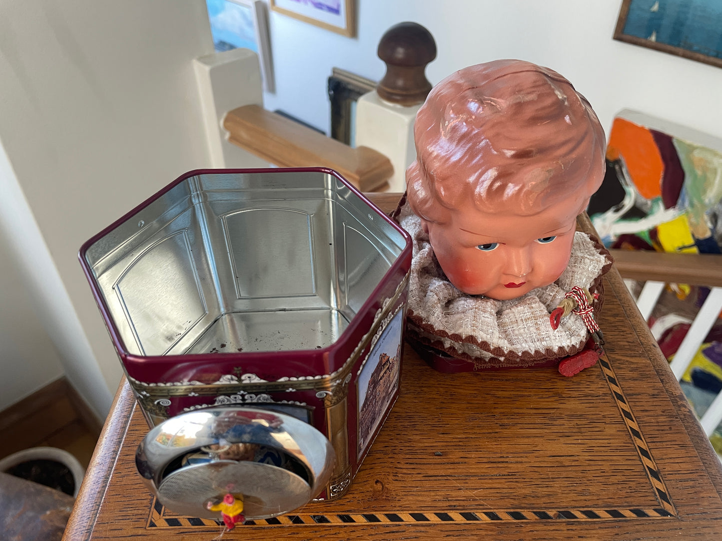 Vintage German “Feine Nürnberger” Tin with Doll Bust Lid & Hidden Miniature Doll –Folk Art Novelty Curio (c.1950s–1970s)