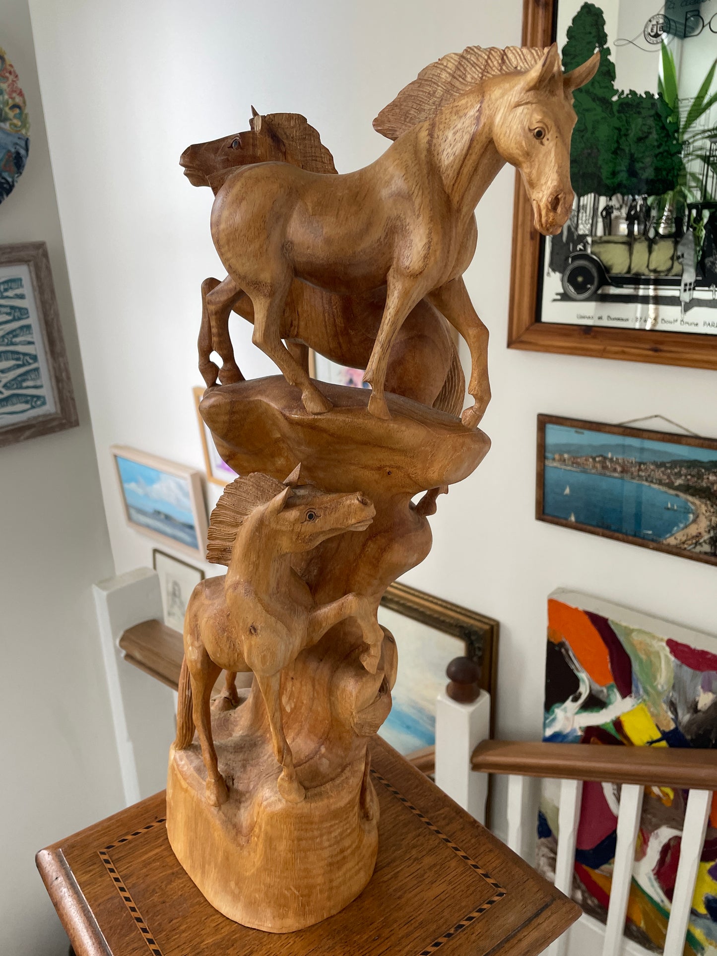 Antique Asian Hand Carved Wood Sculpture – Multi-Horse Group on Natural Tree Trunk (c.20th Century)
