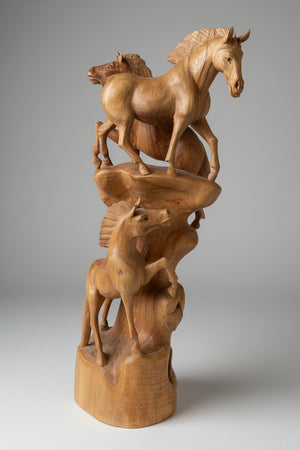 Antique Asian Hand Carved Wood Sculpture – Multi-Horse Group on Natural Tree Trunk (c.20th Century)