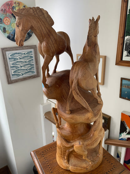 Antique Asian Hand Carved Wood Sculpture – Multi-Horse Group on Natural Tree Trunk (c.20th Century)
