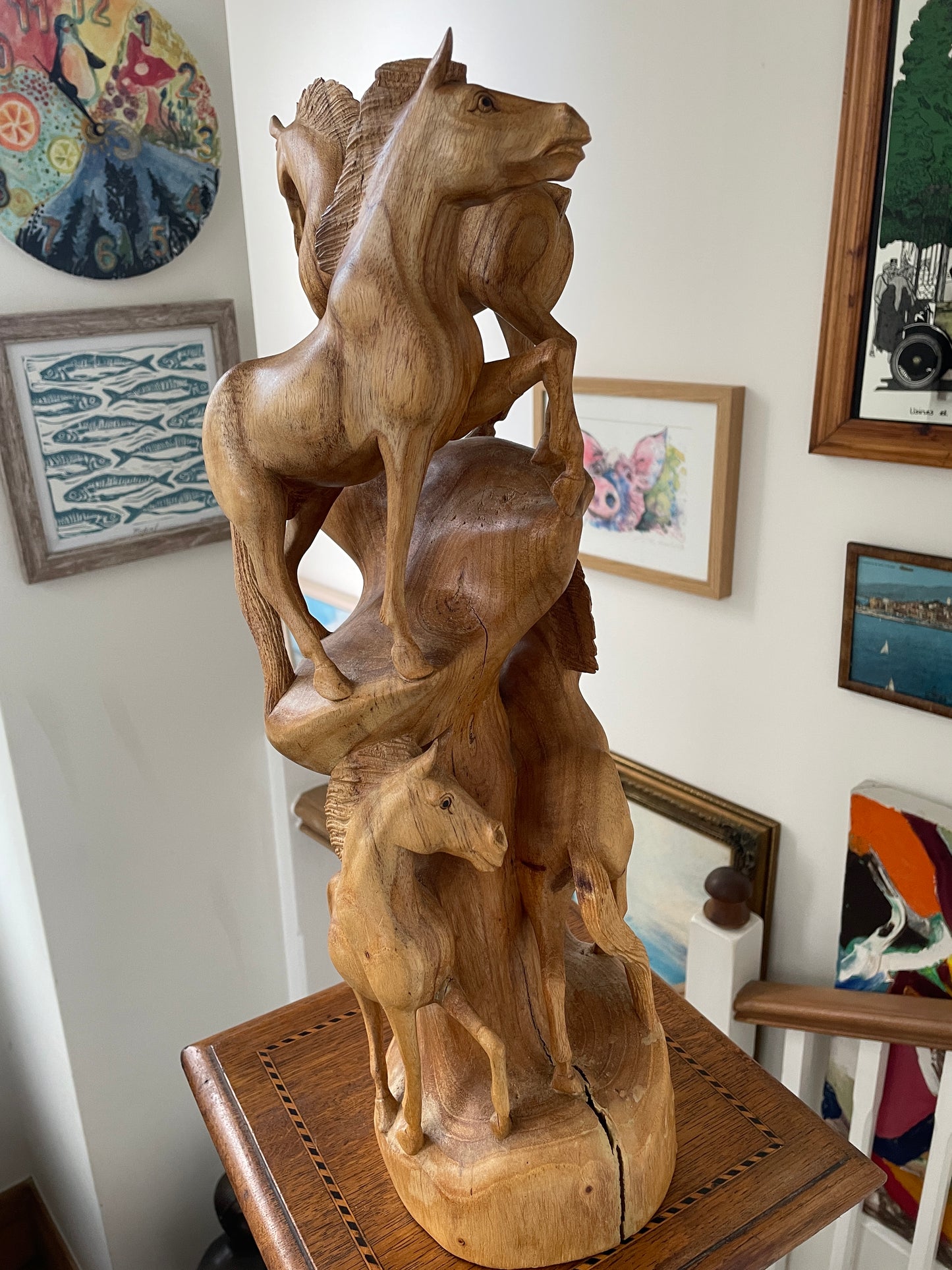 Antique Asian Hand Carved Wood Sculpture – Multi-Horse Group on Natural Tree Trunk (c.20th Century)