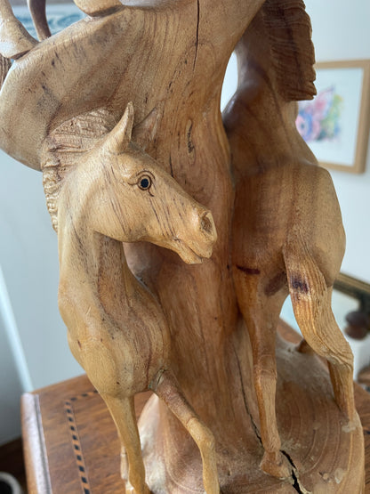 Antique Asian Hand Carved Wood Sculpture – Multi-Horse Group on Natural Tree Trunk (c.20th Century)