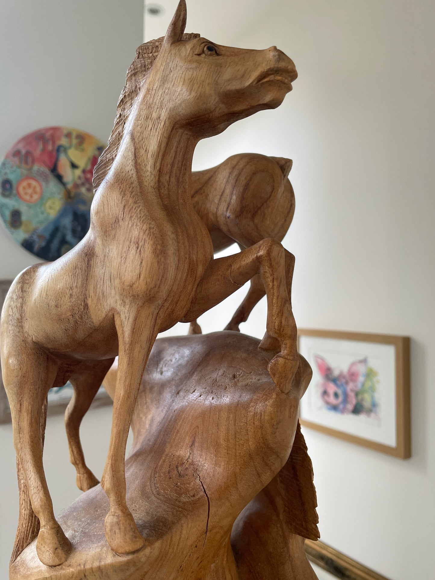 Antique Asian Hand Carved Wood Sculpture – Multi-Horse Group on Natural Tree Trunk (c.20th Century)
