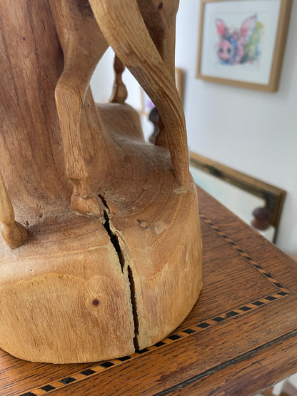 Antique Asian Hand Carved Wood Sculpture – Multi-Horse Group on Natural Tree Trunk (c.20th Century)