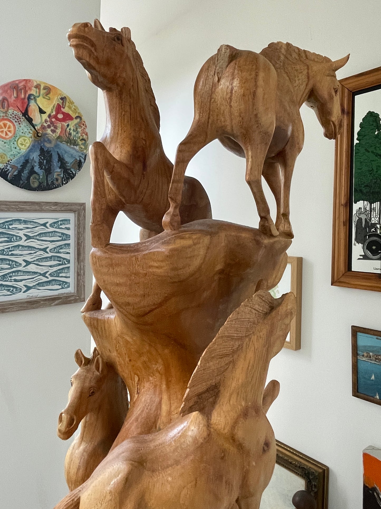 Antique Asian Hand Carved Wood Sculpture – Multi-Horse Group on Natural Tree Trunk (c.20th Century)