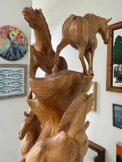 Antique Asian Hand Carved Wood Sculpture – Multi-Horse Group on Natural Tree Trunk (c.20th Century)