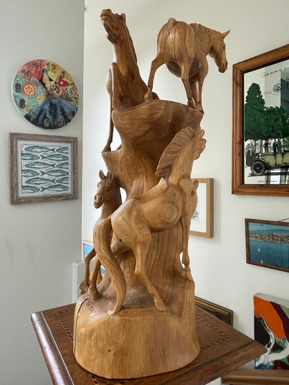 Antique Asian Hand Carved Wood Sculpture – Multi-Horse Group on Natural Tree Trunk (c.20th Century)