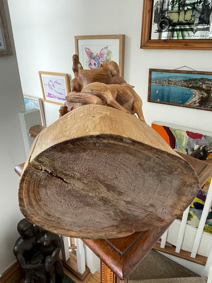 Antique Asian Hand Carved Wood Sculpture – Multi-Horse Group on Natural Tree Trunk (c.20th Century)