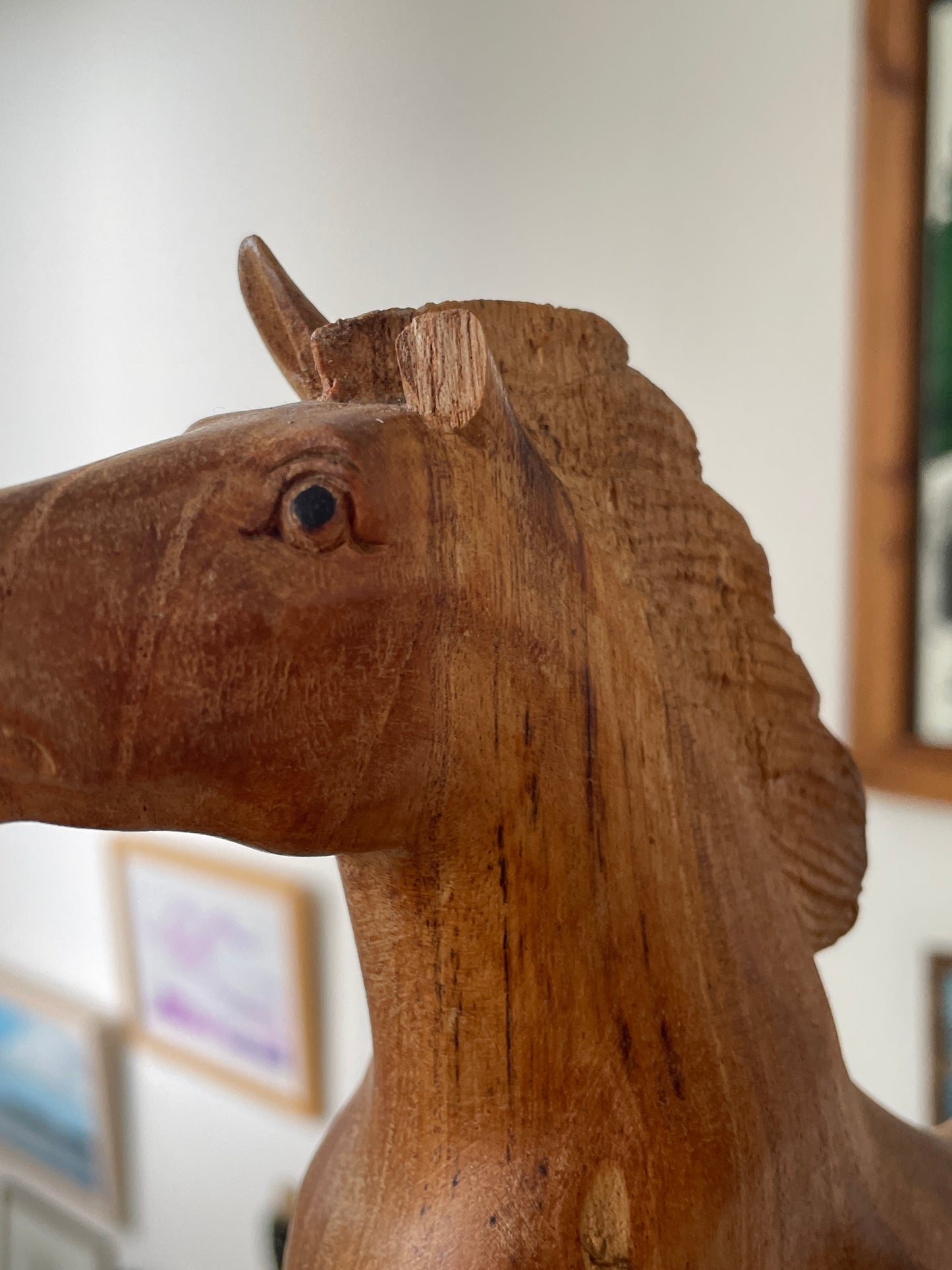 Antique Asian Hand Carved Wood Sculpture – Multi-Horse Group on Natural Tree Trunk (c.20th Century)