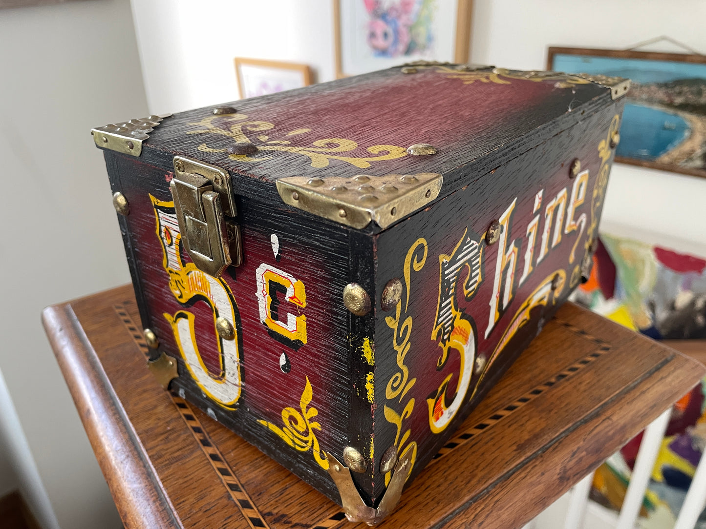 Vintage American-Style Painted Shoeshine Box – Shine 5cent  Folk Art Trunk with Brass Fittings (c90's))