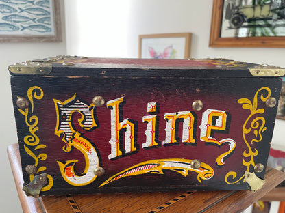Vintage American-Style Painted Shoeshine Box – Shine 5cent  Folk Art Trunk with Brass Fittings (c90's))