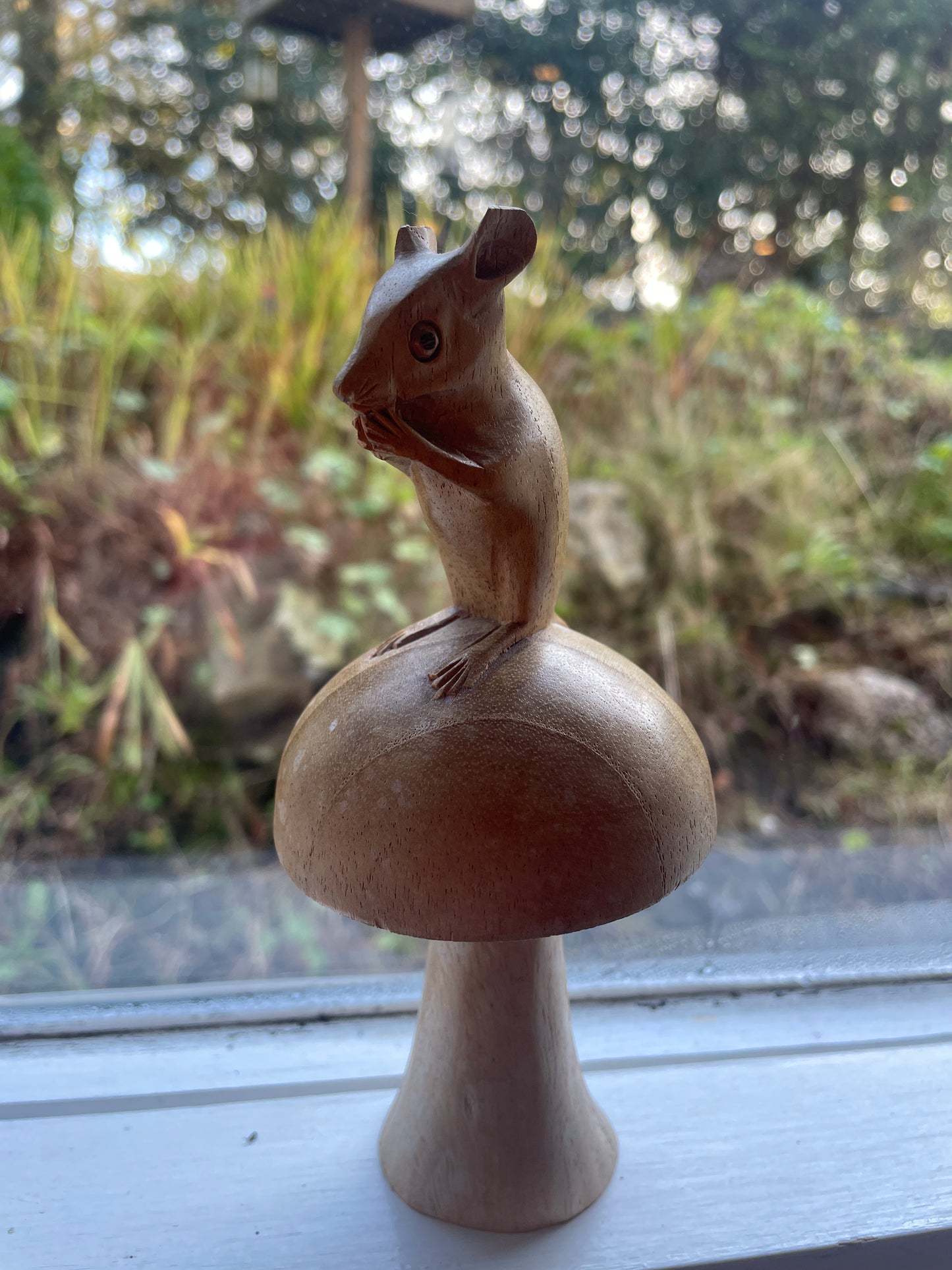 Vintage Scandinavian Folk Art Carving – Mouse on Mushroom (c.1950s–70s)