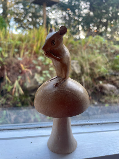 Vintage Scandinavian Folk Art Carving – Mouse on Mushroom (c.1950s–70s)
