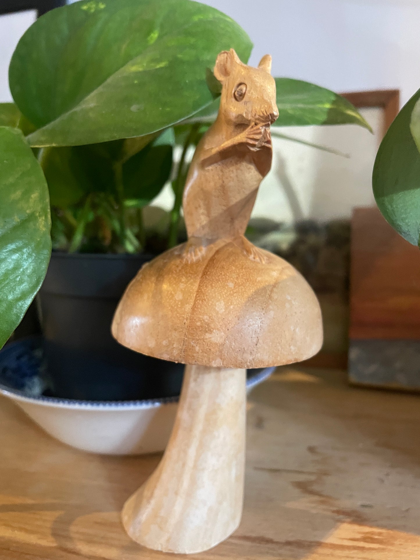 Vintage Scandinavian Folk Art Carving – Mouse on Mushroom (c.1950s–70s)