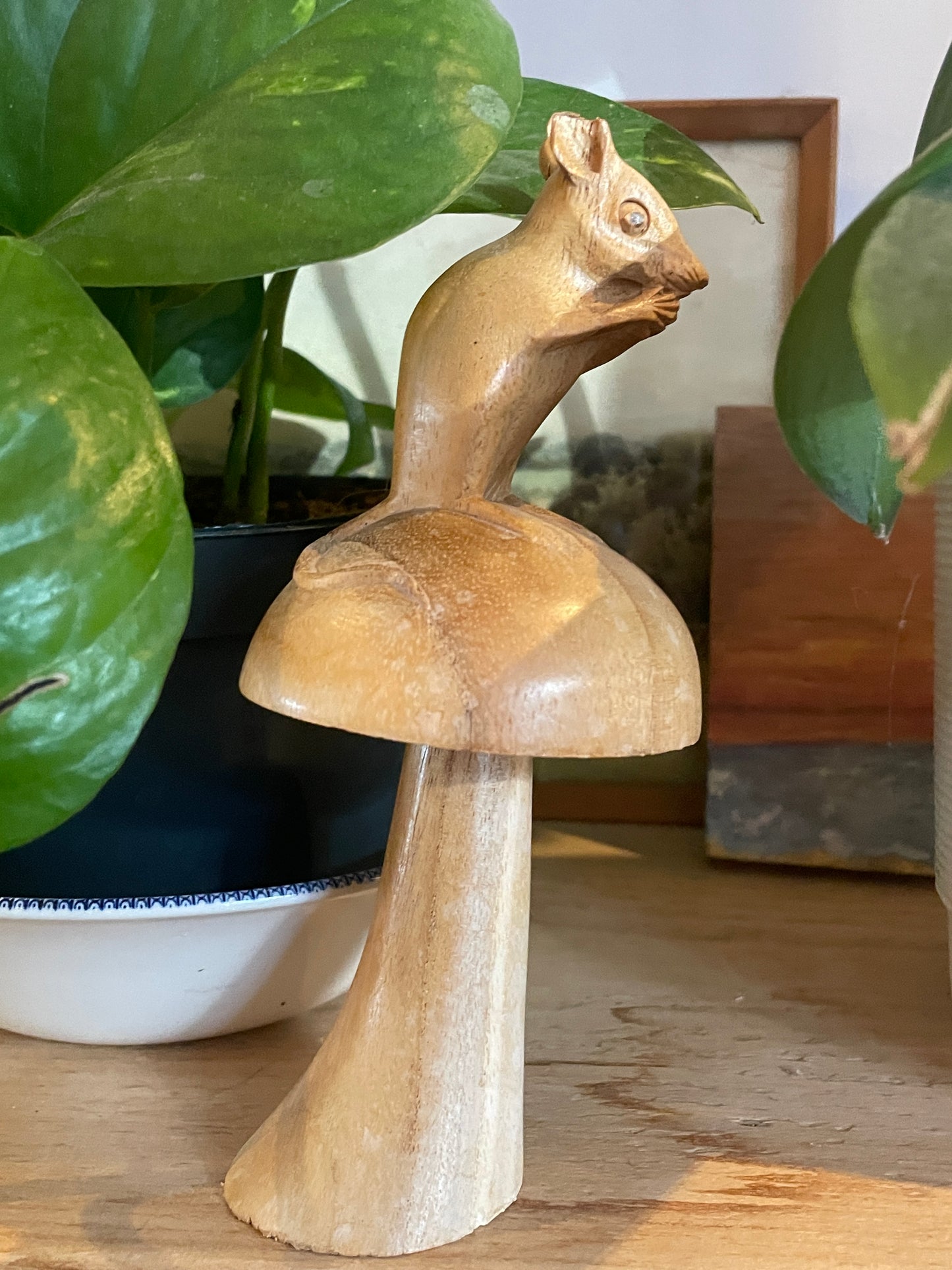 Vintage Scandinavian Folk Art Carving – Mouse on Mushroom (c.1950s–70s)