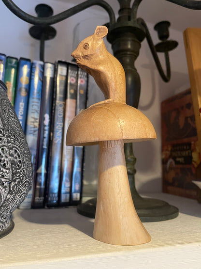 Vintage Scandinavian Folk Art Carving – Mouse on Mushroom (c.1950s–70s)