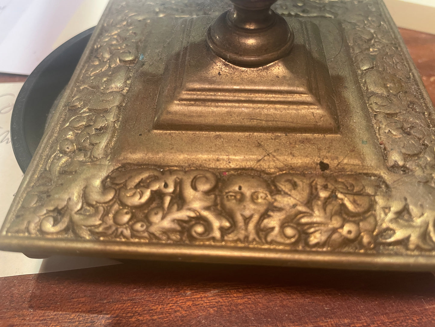 Antique Brass Candlesticks – Pair of Masked Foliate Relief Candle Holders (c.1890–1910)