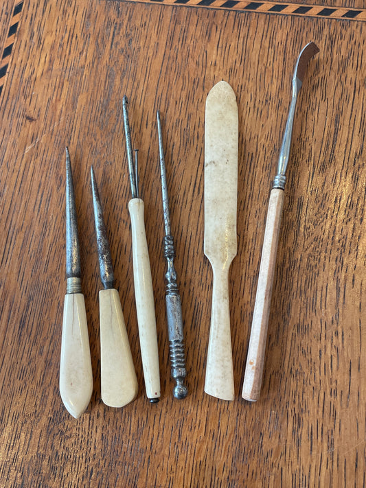 Antique Victorian Sewing Tools Set – Bone & Steel Awls, Stiletto, Creasing Tool and Buttonhook (c.19th Century)14