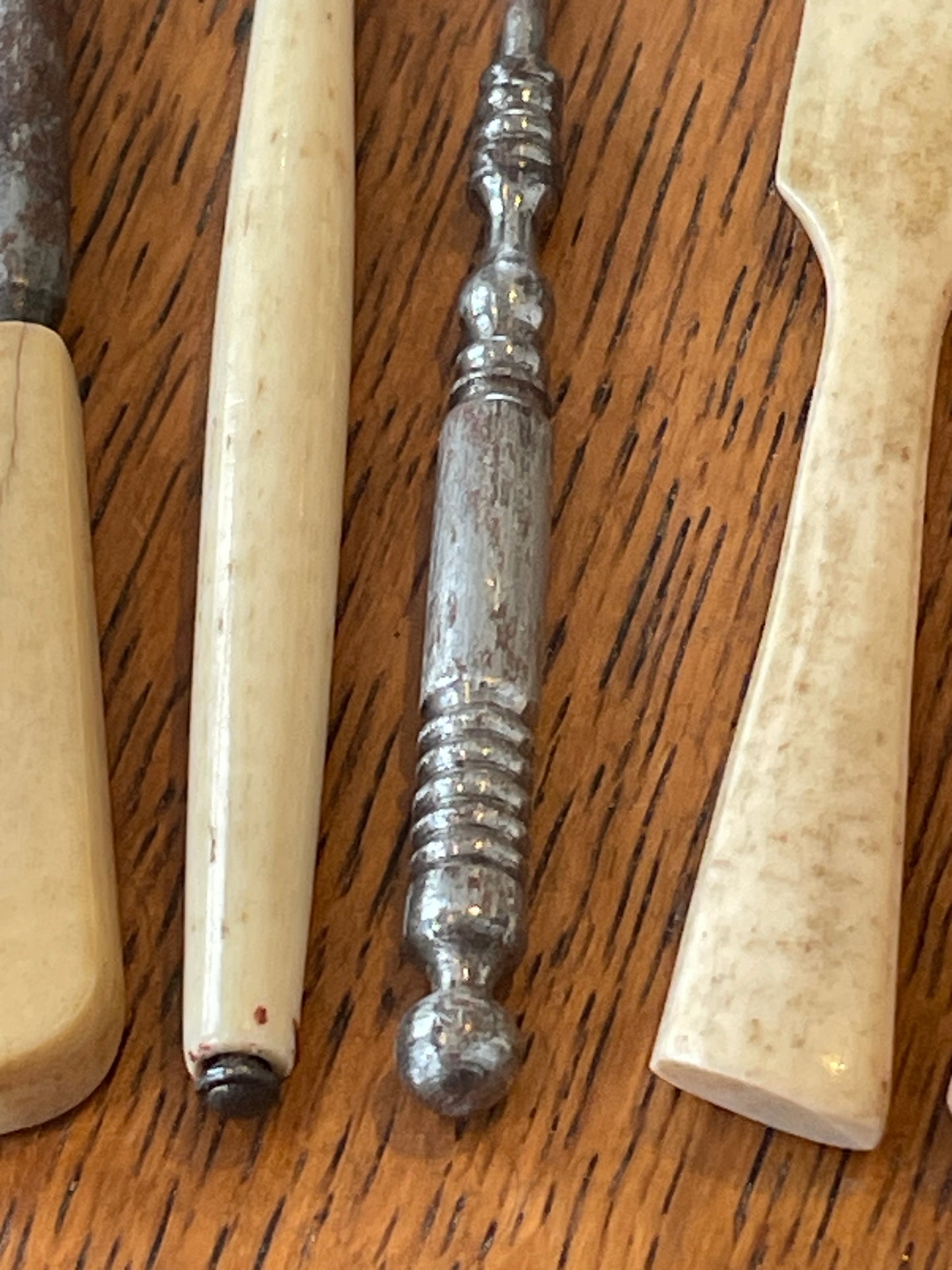 Antique Victorian Sewing Tools Set – Bone & Steel Awls, Stiletto, Creasing Tool and Buttonhook (c.19th Century)14