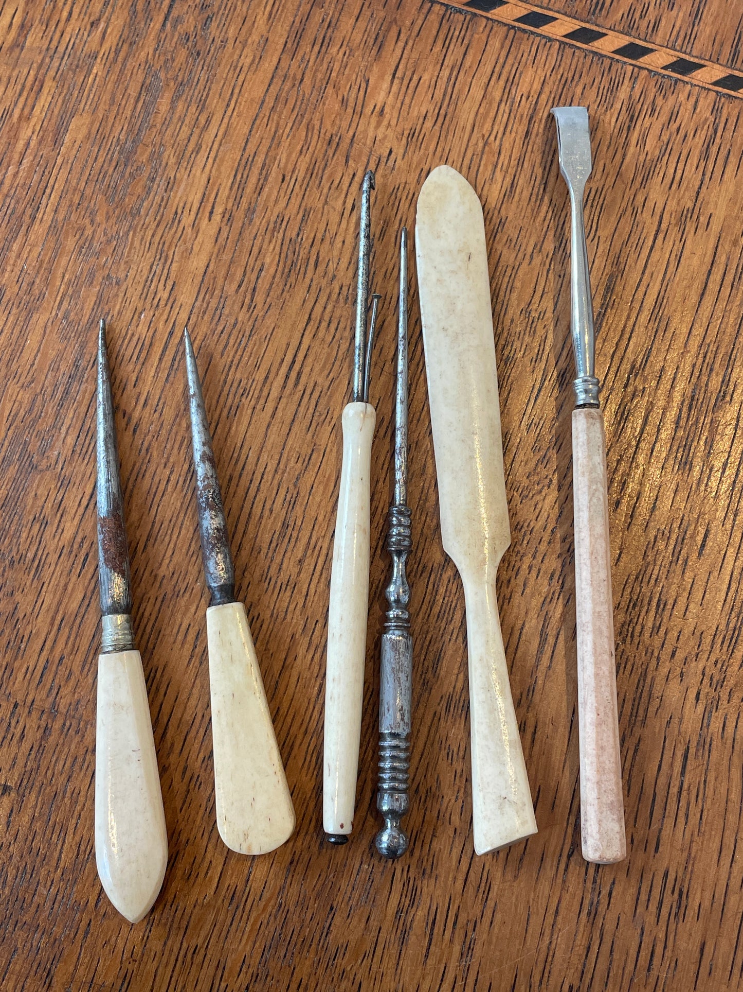 Antique Victorian Sewing Tools Set – Bone & Steel Awls, Stiletto, Creasing Tool and Buttonhook (c.19th Century)14