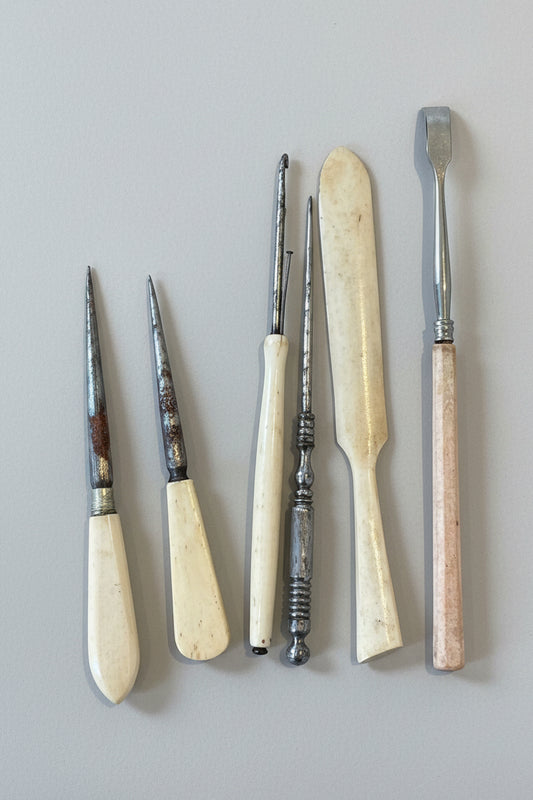 Antique Victorian Sewing Tools Set – Bone & Steel Awls, Stiletto, Creasing Tool and Buttonhook (c.19th Century)14