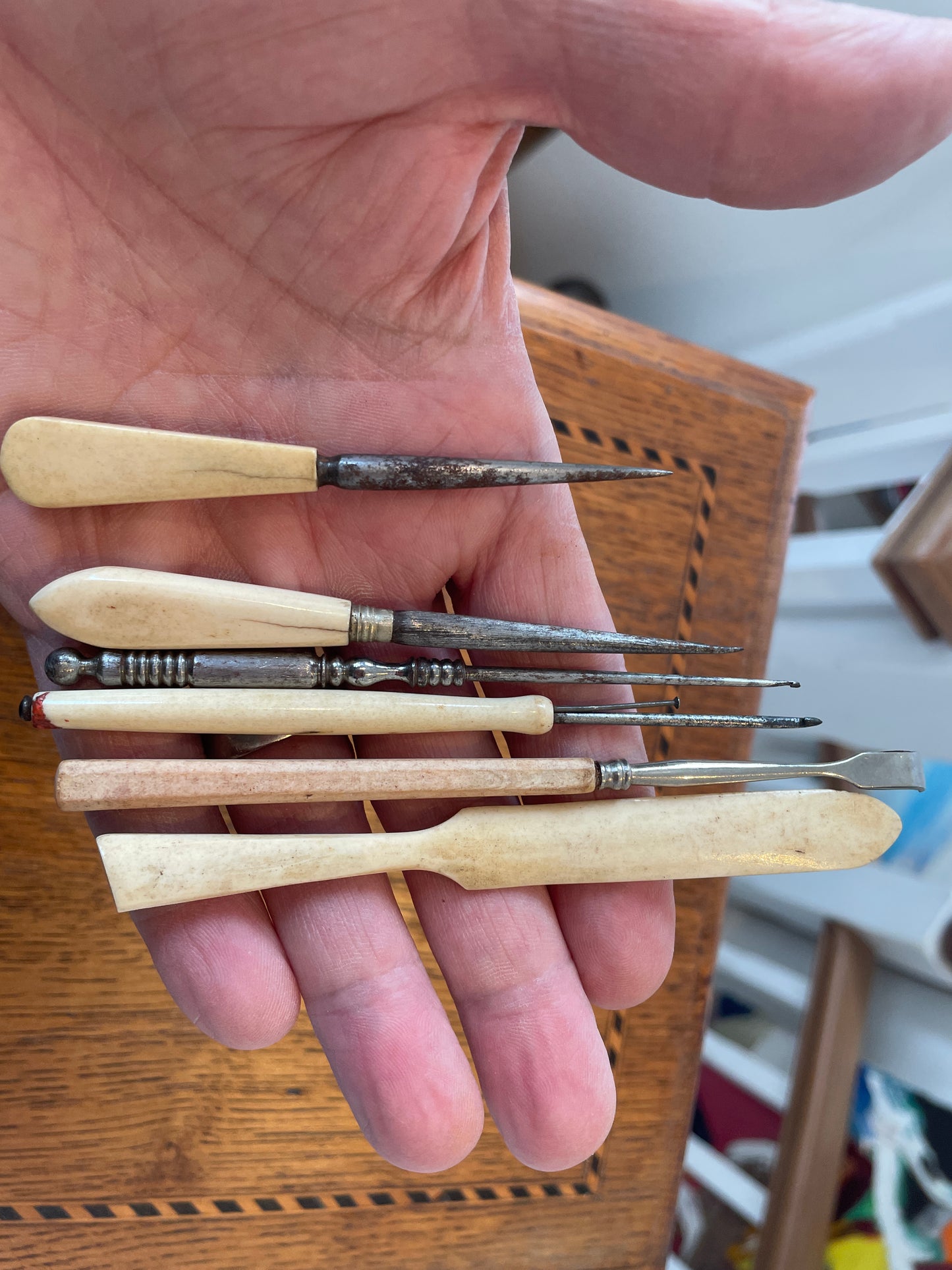 Antique Victorian Sewing Tools Set – Bone & Steel Awls, Stiletto, Creasing Tool and Buttonhook (c.19th Century)14