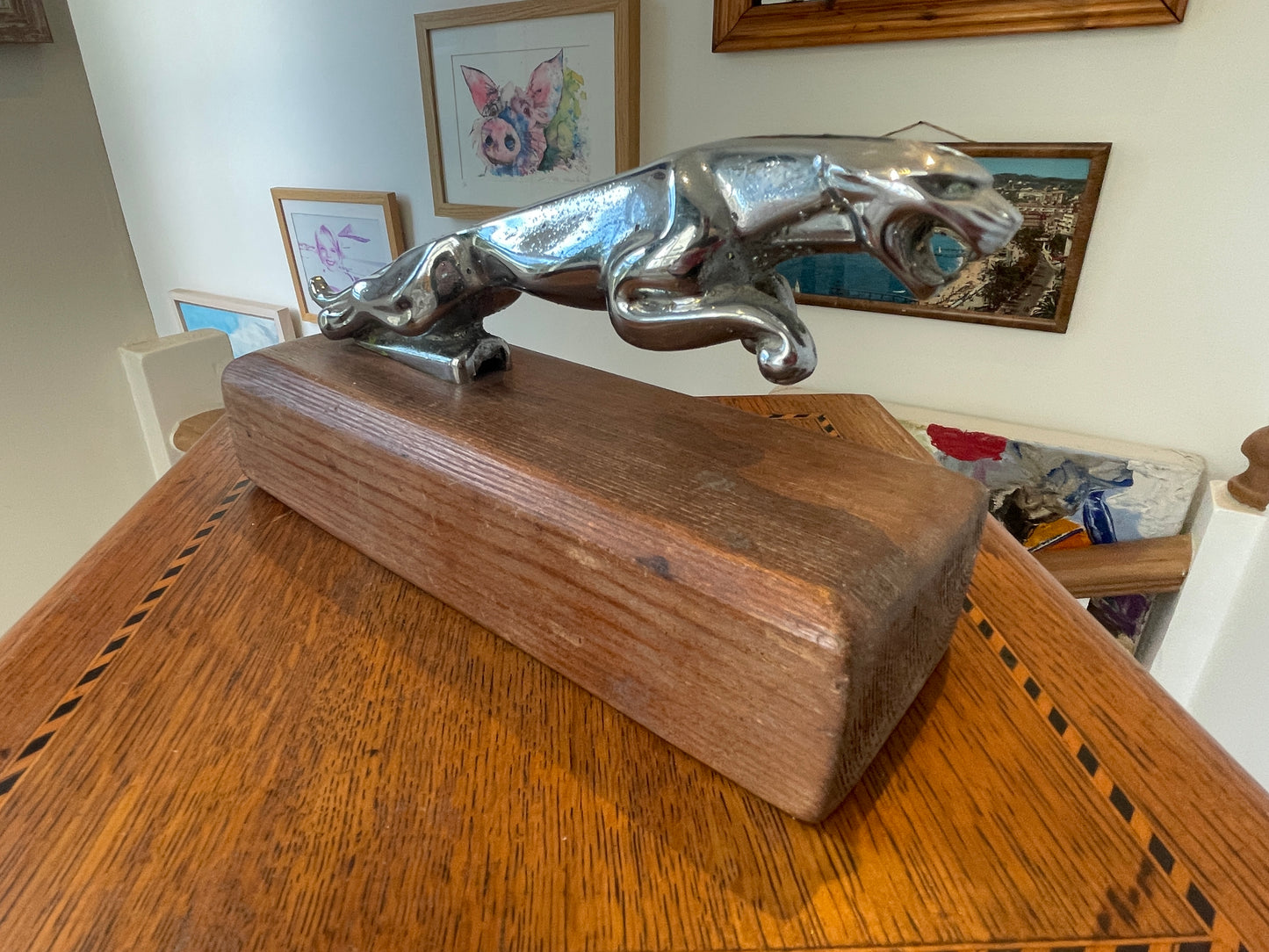 Vintage Jaguar Car Mascot – Chrome Leaping Bonnet Ornament on Wooden Display Block (c.20th Century)