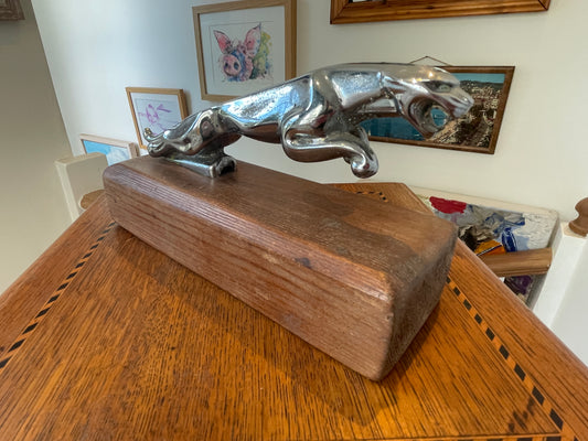 Vintage Jaguar Car Mascot – Chrome Leaping Bonnet Ornament on Wooden Display Block (c.20th Century)