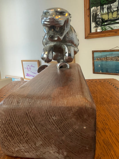 Vintage Jaguar Car Mascot – Chrome Leaping Bonnet Ornament on Wooden Display Block (c.20th Century)