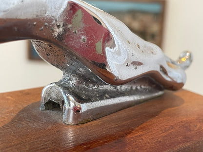 Vintage Jaguar Car Mascot – Chrome Leaping Bonnet Ornament on Wooden Display Block (c.20th Century)