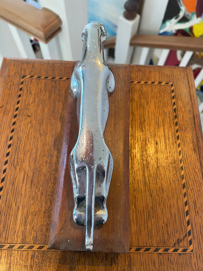 Vintage Jaguar Car Mascot – Chrome Leaping Bonnet Ornament on Wooden Display Block (c.20th Century)