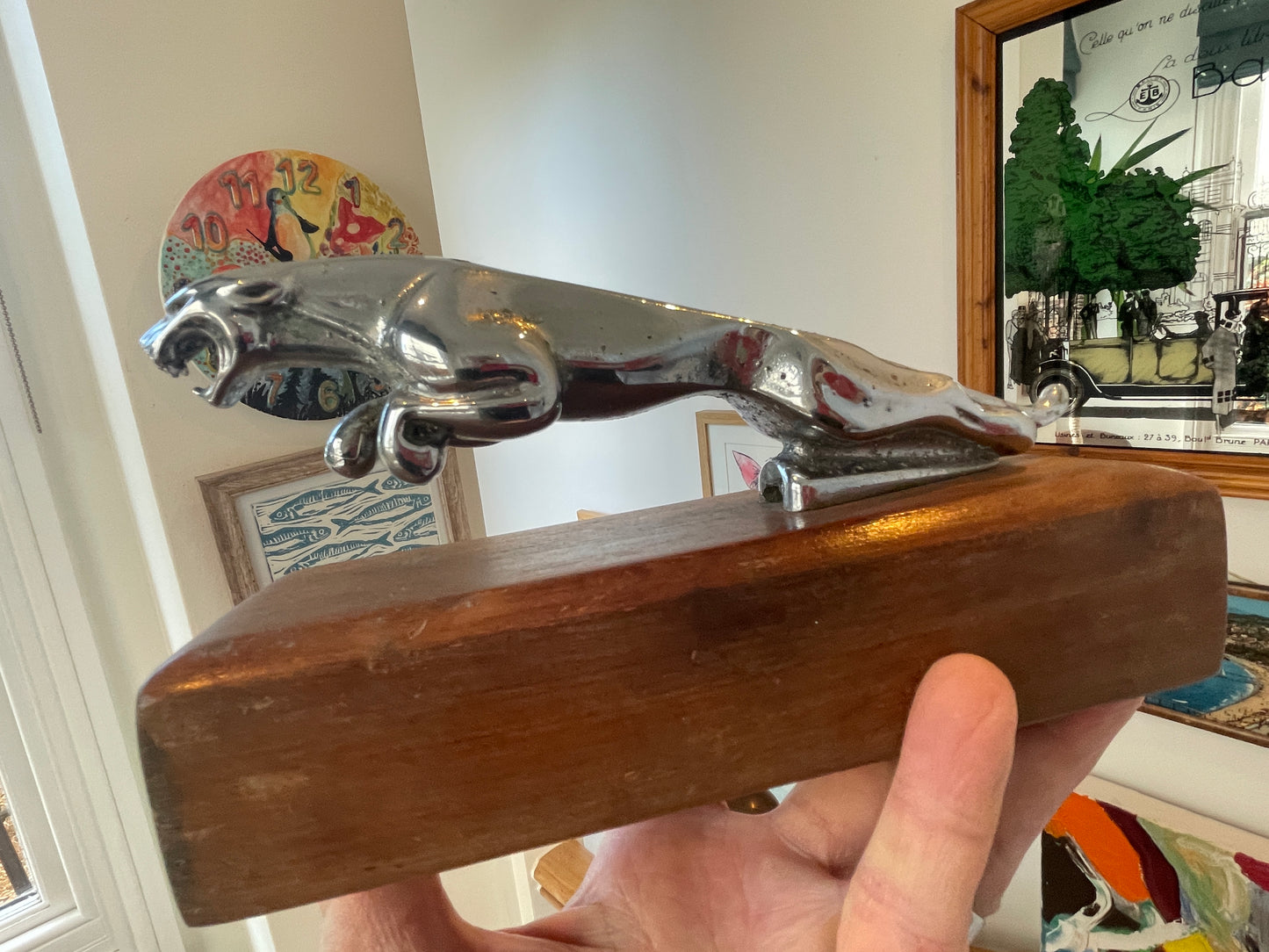 Vintage Jaguar Car Mascot – Chrome Leaping Bonnet Ornament on Wooden Display Block (c.20th Century)