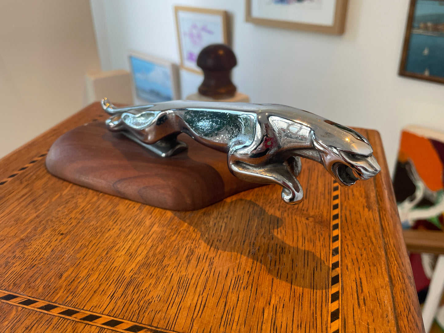 Vintage Official Jaguar Leaper Mascot – Chrome Bonnet Ornament on Hardwood Plinth (c.1960s–1980s)